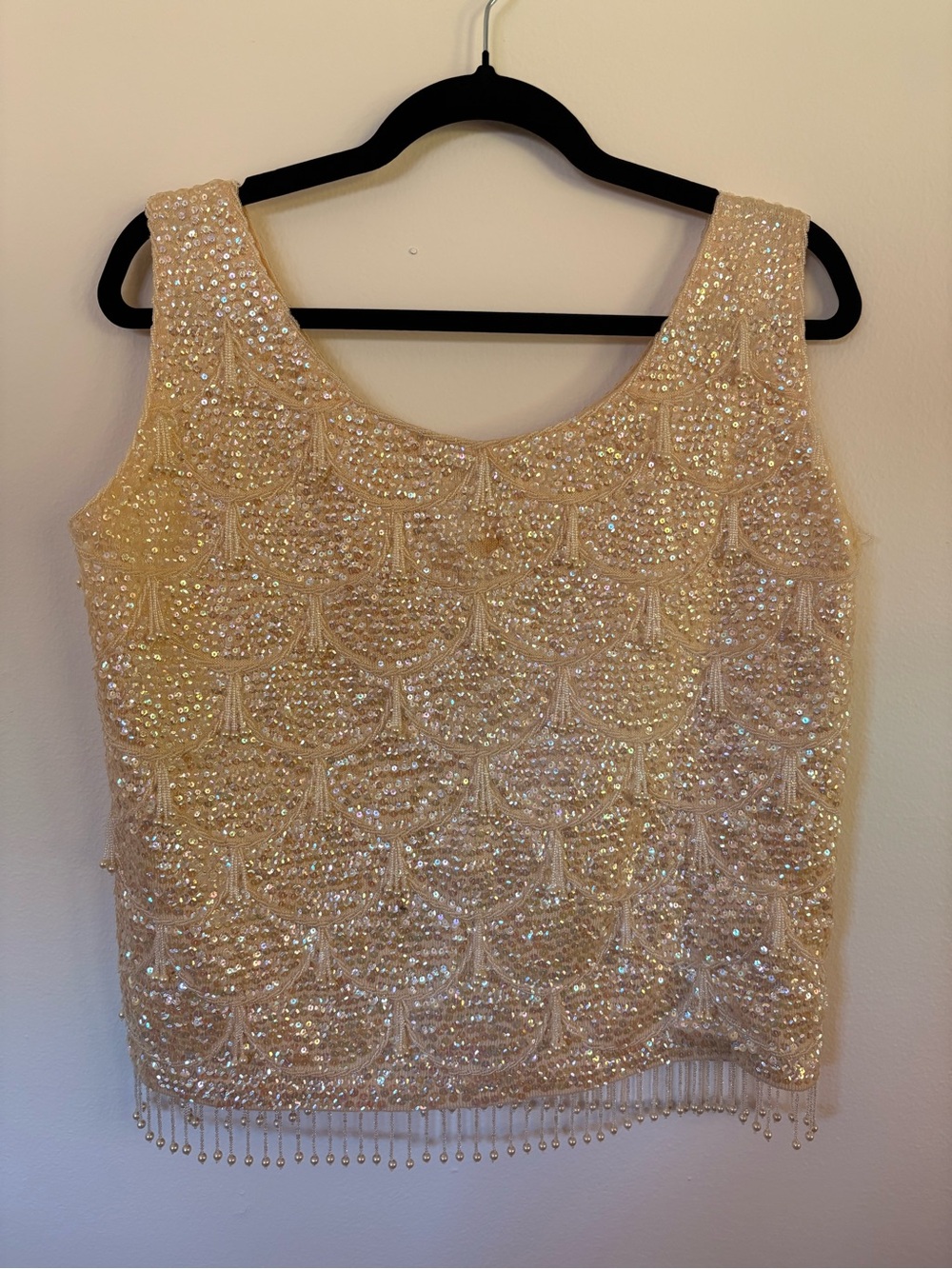 Vintage Wool Iridescent Sequin Beaded Pearl Fringe Evening Top